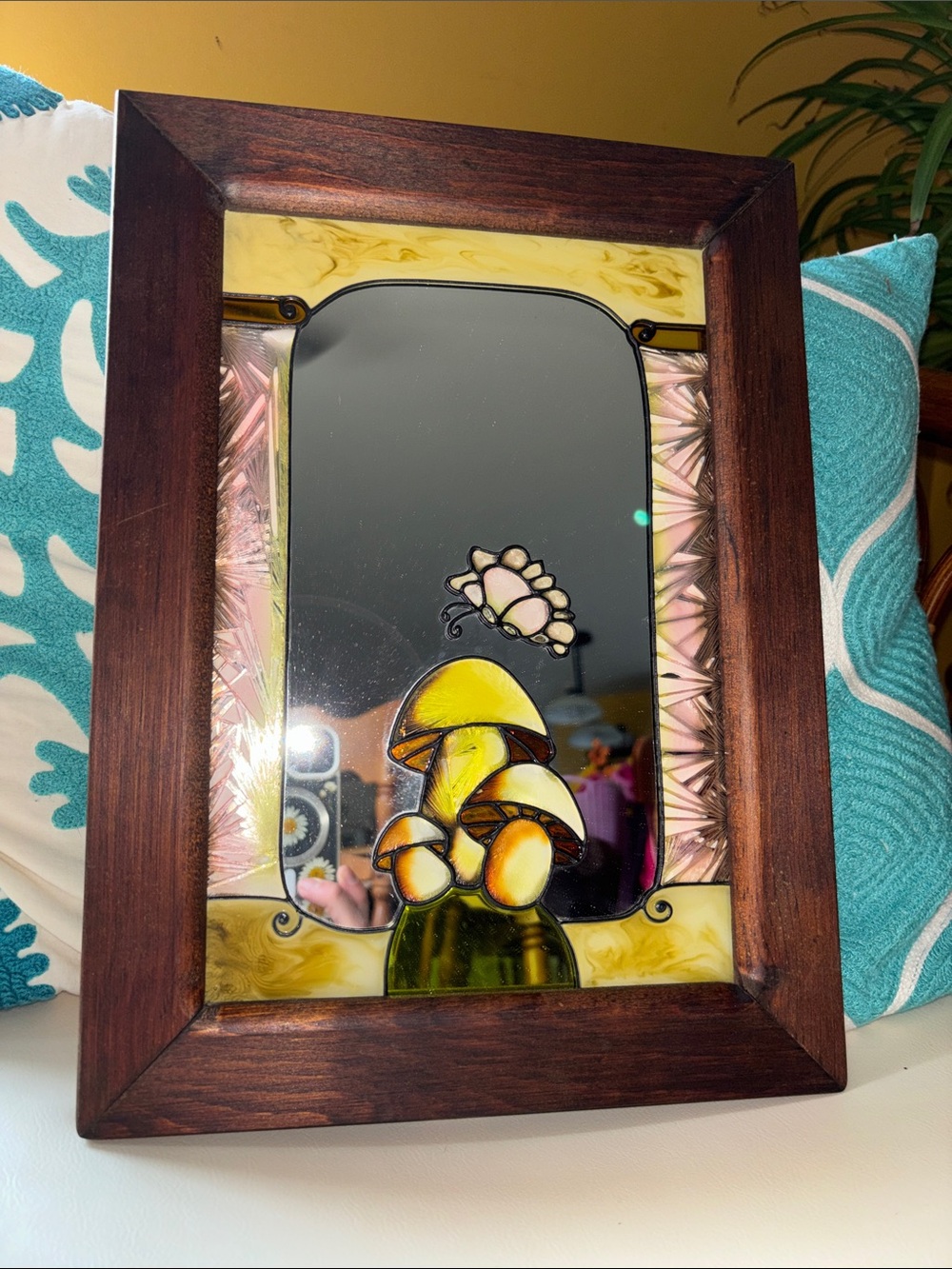 Vintage Yellow and Pink Stained Glass Mushroom Mirror